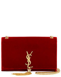Saint Laurent Kate Monogram Medium Velvet Tassel Shoulder Bag Red