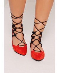 Missguided Ghille Lace Up Pointed Flat Shoe Red