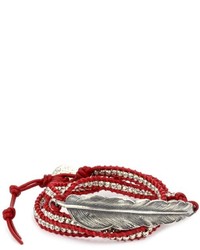 M.Cohen Handmade Designs Silver Feather And Silver Beads On Red Triple Wrap Bracelet
