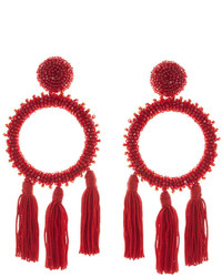 Oscar de la Renta Large Beaded Circle Tassel Clip On Earrings Dark Red