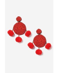 Red Pom Pom And Bead Earrings