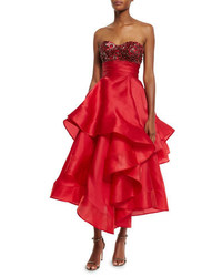 Marchesa Beaded Strapless Tea Length Gown Red