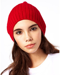 Asos Short Rib Knit Beanie Red