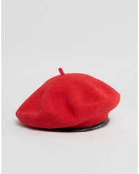 Asos Wool Beret In Red With Leather Look Bound Edge