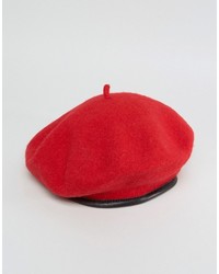 Asos Wool Beret In Red With Leather Look Bound Edge