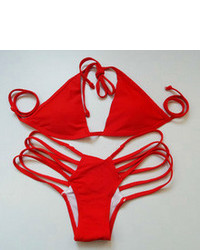 Halter Triangle Top With Bandage Bikini Red Swimwear