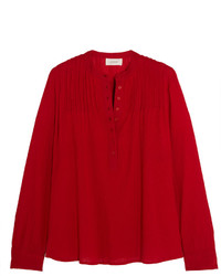 The Great Pintucked Crinkled Cotton Gauze Blouse Red