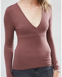 Asos Plunge Neck Top With Long Sleeves