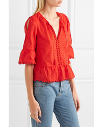 Madewell Pompom Trimmed Swiss Dot Cotton Blouse Red