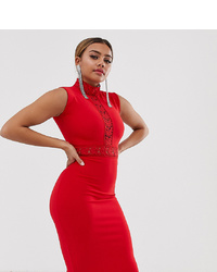 PrettyLittleThing Petite Bodycon Midi Dress With High Neck And S In Red