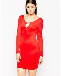 Club L Essentials Long Sleeve Body Conscious Dress With Keyhole And Bar Detail