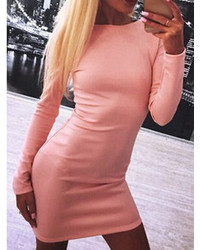 Long Sleeve Open Back Zipper Bodycon Pink Dress