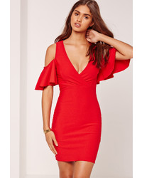 Missguided Frill Cold Shoulder Plunge Bodycon Dress Red