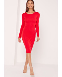 Missguided Long Sleeve Jersey Midi Bodycon Dress Red