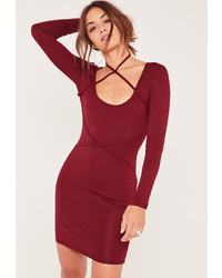 Missguided Red Strap Cross Over Long Sleeve Bodycon Dress