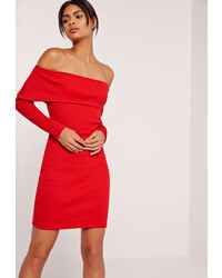 Missguided Ribbed Bardot Mini Bodycon Dress Red
