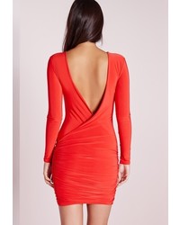 Missguided Slinky Drape Back Ruched Bodycon Dress Red