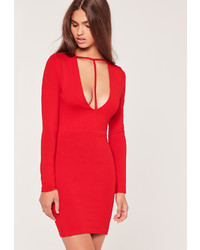 Missguided T Harness Front Long Sleeve Bodycon Dress Red