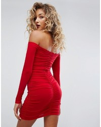 Motel Off Shoulder Bodycon Dress With Ruching