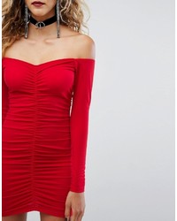 Motel Off Shoulder Bodycon Dress With Ruching