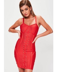 Missguided Red Bandage Bustcup Lace Up Front Bodycon Dress