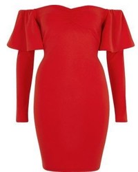 River Island Red Bardot Long Sleeve Bodycon Mini Dress