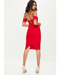 Missguided Red Lace Up Bardot Dress