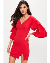 Missguided Red Off Shoulder Tier Sleeve Bodycon Dress
