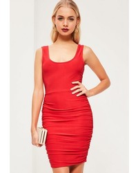 Missguided Red Slinky Scoop Neck Ruched Side Bodycon Dress