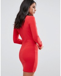 Missguided Red Tie Neck Plunge Long Sleeve Bodycon Dress