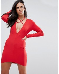 Missguided Red Tie Neck Plunge Long Sleeve Bodycon Dress