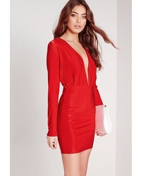 Missguided Slinky Long Sleeve Bodycon Dress Red