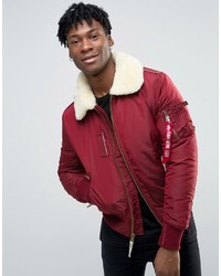 Alpha Industries Bomber Jacket With Shearling Collar In Slim Fit Burgundy