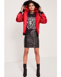 Missguided Red Satin Faux Fur Hood Padded Bomber Jacket