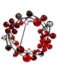 Macy's Haskell Brooch Hematite Tone Red Bead Wreath Pin