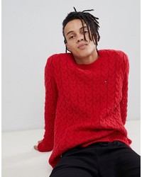 Tommy Jeans Cable Knit Flag Logo Jumper In Red