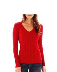 JCP V Neck Cable Knit Sweater Talls Cabaret Red
