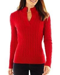 Liz Claiborne Long Sleeve Split Mock Neck Cable Sweater