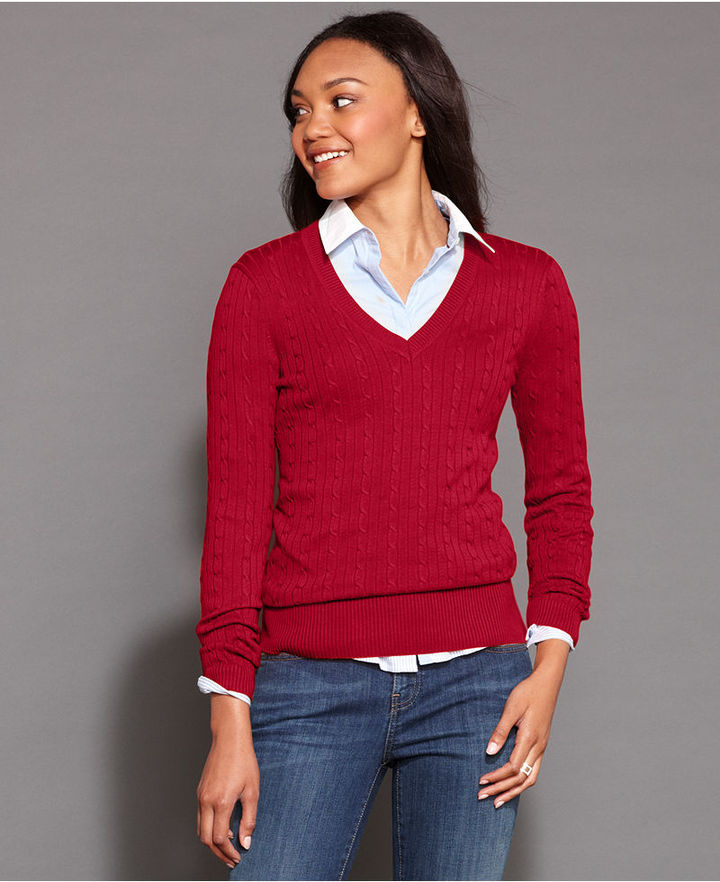 Tommy Hilfiger Long Sleeve V Neck Cable Knit Sweater | Where to ...