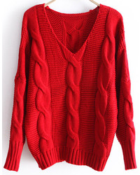 Red Batwing Long Sleeve V Neck Cable Sweater