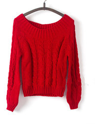ChicNova Red Cable Knit Sweater With Puff Sleeves