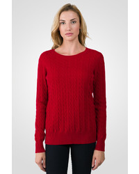 J CASHMERE Red Cashmere Cable Knit Crewneck Sweater