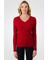 J CASHMERE Red Cashmere Cable Knit V Neck Sweater