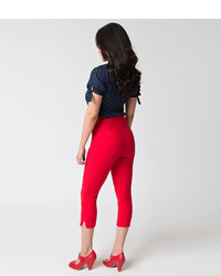 Unique Vintage 1950s Style Red High Waist Donna Capri Pants