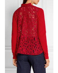 Sacai Lace Paneled Wool Cardigan Red