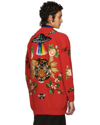 Gucci Red Oversized Embroidered Wool Cardigan