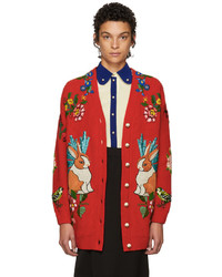 Gucci Red Oversized Embroidered Wool Cardigan
