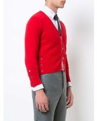 Thom Browne Short V Neck Cardigan With 4 Bar Stripe In Red Cashmere