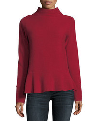 Neiman Marcus Cashmere Collection Ribbed Mock Neck Cashmere Peplum Sweater