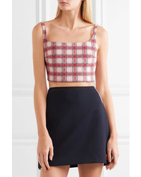 Prada Cropped Checked Jacquard Knit Top Red